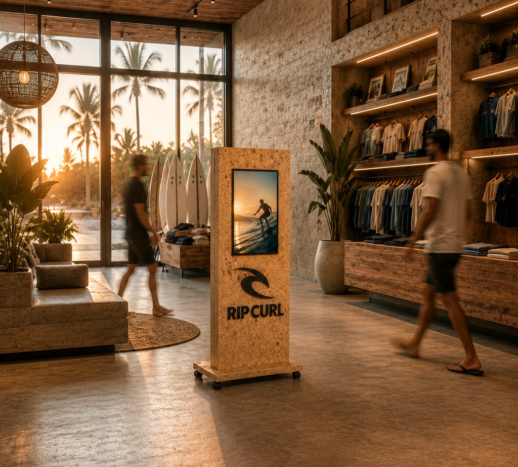 Totem digital en bois aux couleurs de Rip Curl, dans une boutique